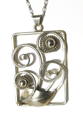 Denmark silver midccentury floral pendant + chain